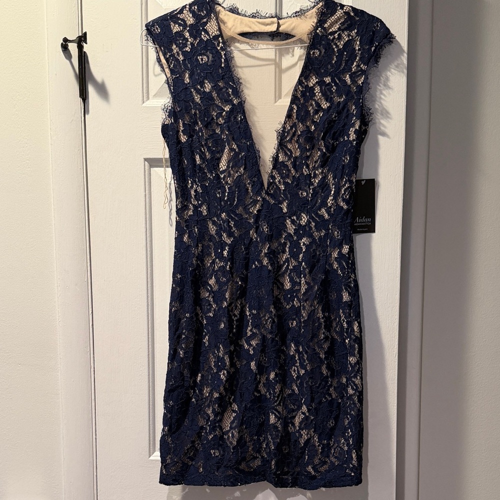 Aidan by Aidan Mattox Navy Lace Plunge V-Neck Mini Dress
